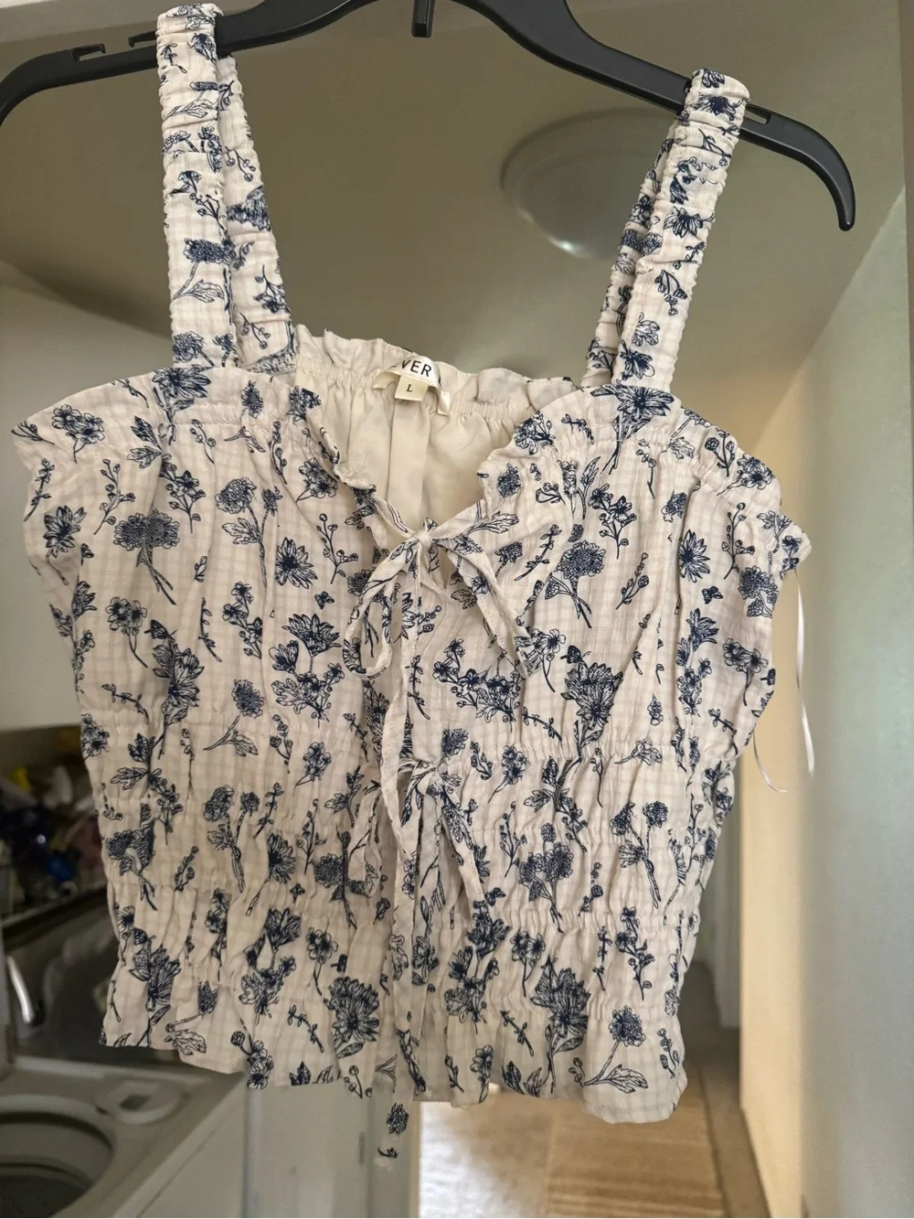 Smocked Floral Square-Neck Tank Top - White with Navy Floral